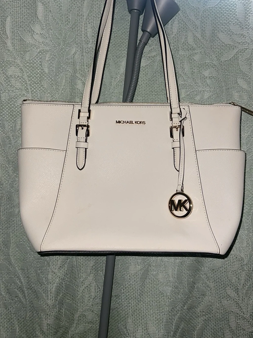 Michael Kors White Leather Tote with Gold MK Charm